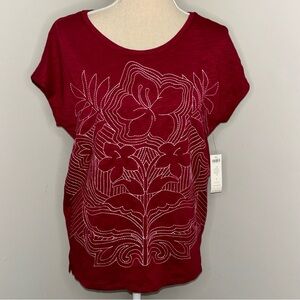 Chico’s NEW cap sleeve floral embroidered dark red tee shirt size 1 Medium 8